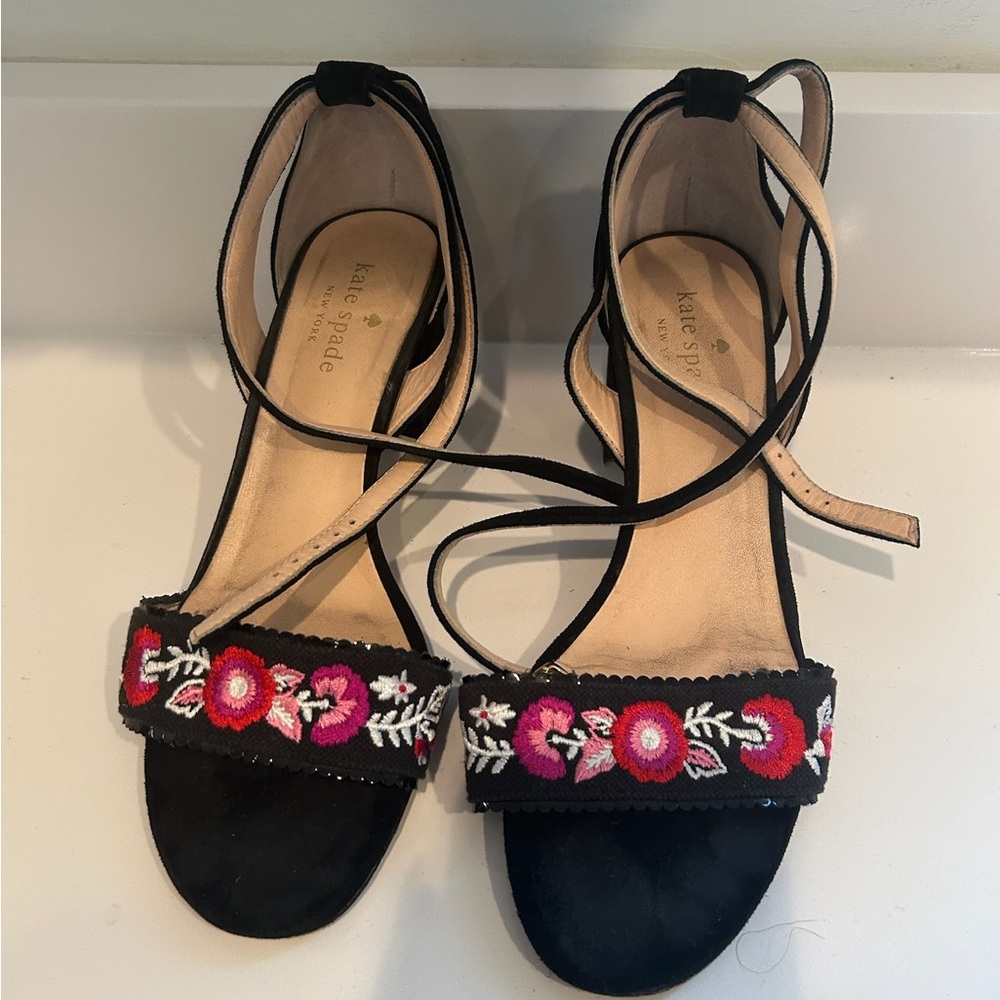 Kate Spade Black Sandals with Pink Embroidery